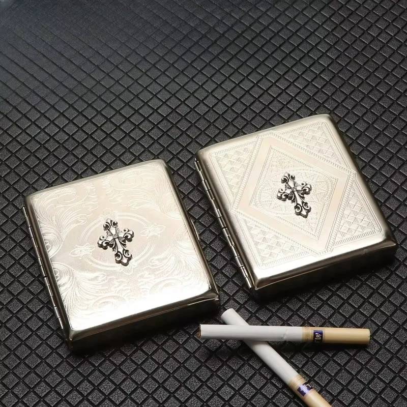 Vintage Crush Proof Stainless Steel Cigarette Case Metal Cigarette Box for Men Flip-top Portable Embossed Engraved Storage Box