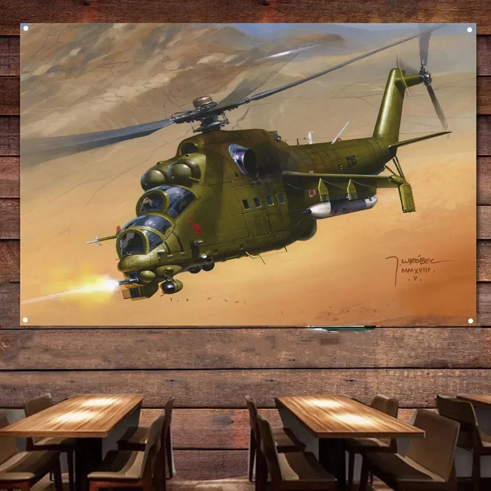 Polish Mi-24 Attack Helicopter Poster Wall Chart - Military Art Banner - Air Force Army Fans Wall Hanging Flag Canvas Painting