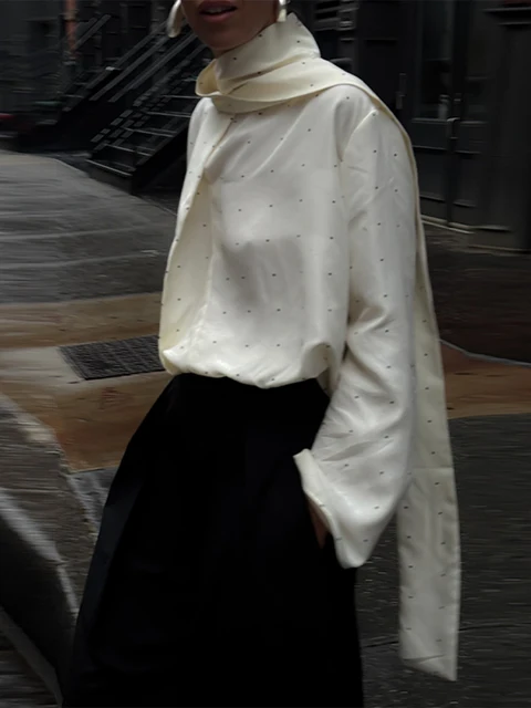 Women Satin Scarf Neck Polka Dot Printing Blouse Lady Fashion Full Sleeve Loose Basic Shirt Autumn New Highstreet Commute Wears 5 Women Satin Scarf Neck Polka Dot Printing Blouse Lady Fashion Full Sleeve Loose Basic Shirt Autumn New Highstreet Commute Wears 5