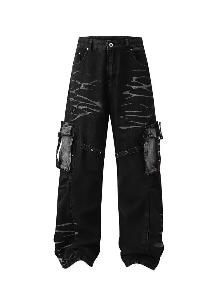 

Ripple Print Multiple Pockets Baggy Black Jeans Women Vintage High Waisted Straight Casual Wide Leg Denim Pants Female Trousers