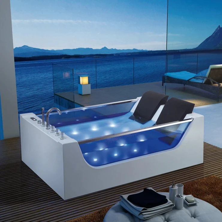 2-Person Portable Free-standing Indoor Whirlpool Jacuzzi With Drainage, Comfortable Modern Bathroom Spa Hot Tub