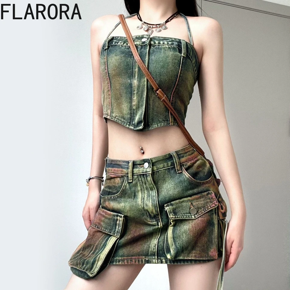 FLARORA Vintage Tie Dye Washed Two Piece Set Woman Sexy Halter Tops And Pocket Denim Mini Skirts Outfits Female Punk Clothing