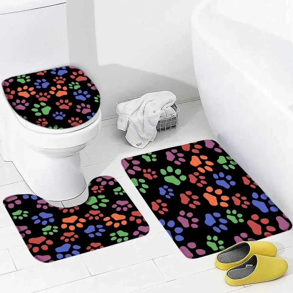 Animal Footprint Bath Mat Set Funny Cat Dog Pattern Print Children Home Carpet Kids Bathroom Decor Non-Slip Rug Toilet Lid Cover