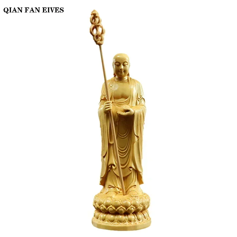 

Wooden carved statue of Jizo king decorated with Buddha ，Three-dimensional sculpture，Home Living Room Feng Shui Statue 24cm