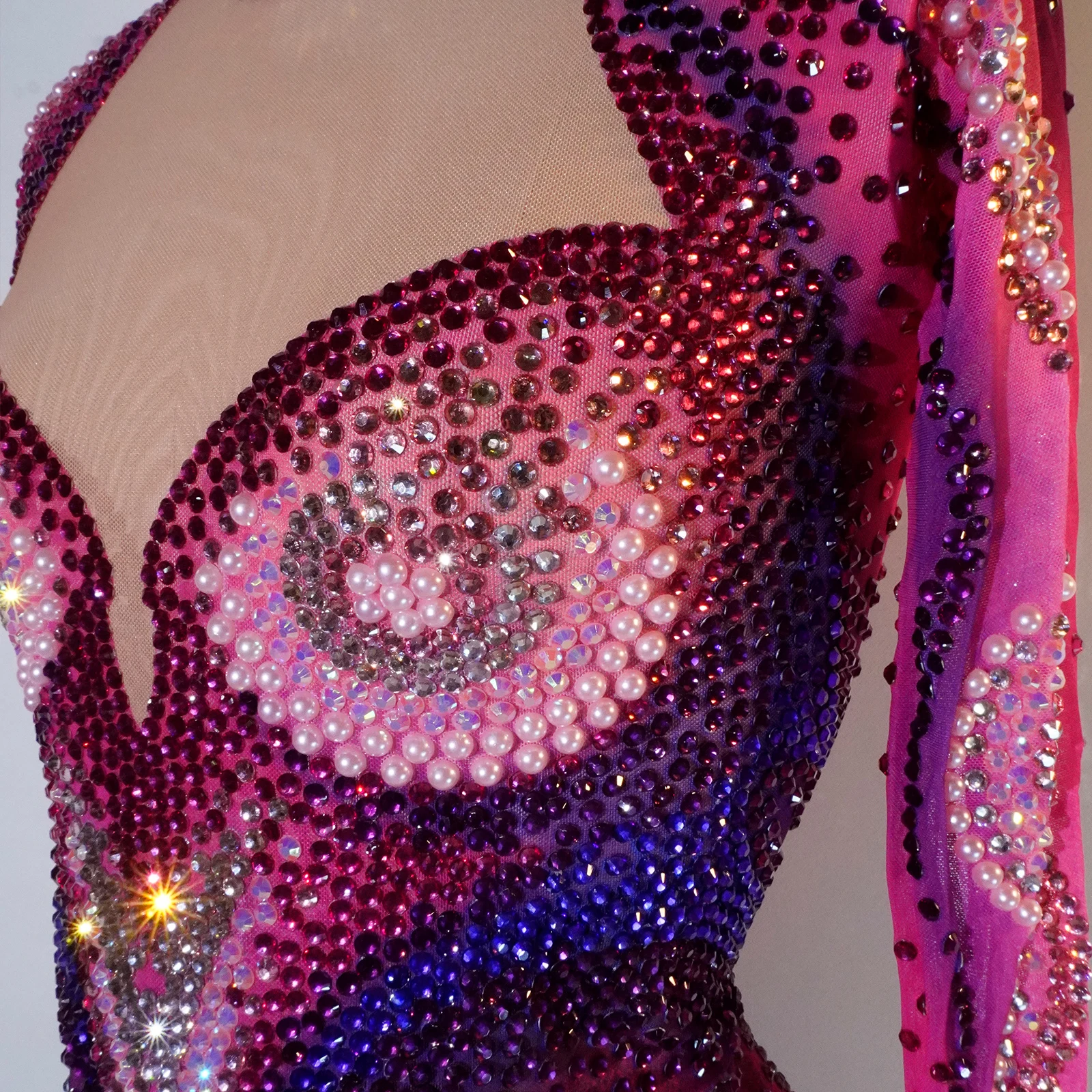 Luxury Pink Rhinestone long sleeve bodysuit Dancer Stage Wear Perform Show Girl Sheer Drag Queen Outfit Bar Nightclub Female DS