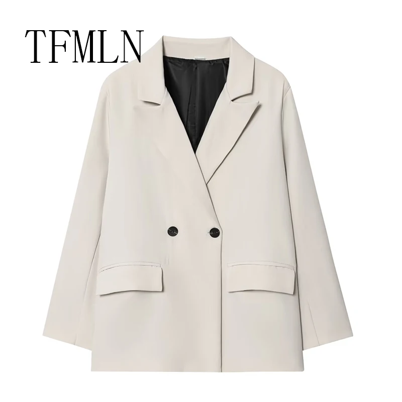 TFMLN جديد الخريف السترة للنساء مزدوجة الصدر جيب سترة نسائية 2025 كم طويل بليزرات غير رسمية شيك مكتب ارتداء السيدات