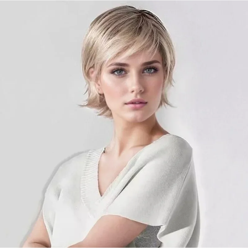 

Женский короткий синтетический парик из химического волокна с черной градиентной золотой косой челкой, подходит для повседневного использования женщин и одежды на Хэллоуин.