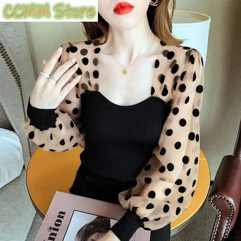 

Fashion Printed Spliced Gauze Polka Dot Blouse Women's Clothing Spring Summer New Casual Pullovers Lantern Sleeve Shirt