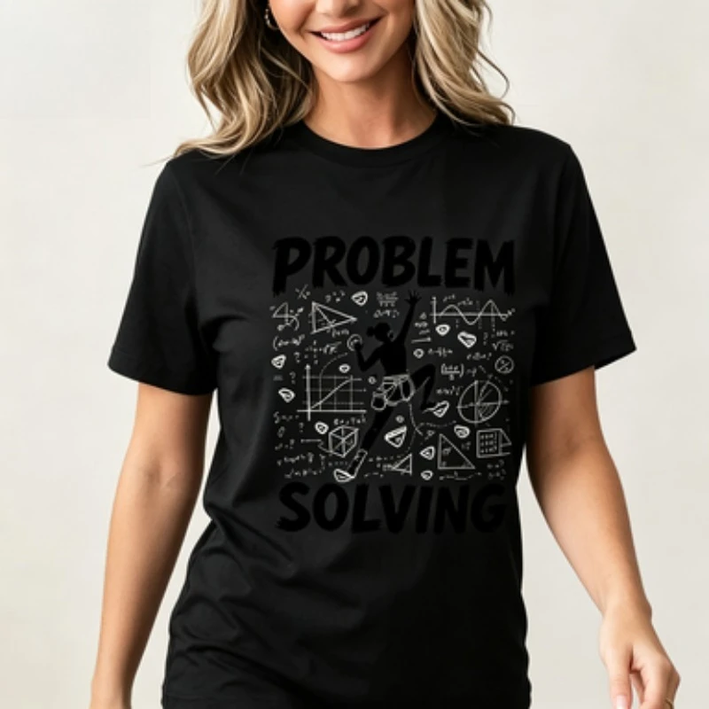 Women  T-Shirt Problem Solving Math Print Short Sleeve Round Neck Funny Teacher Student Soft Casual Graphic Tee Black White