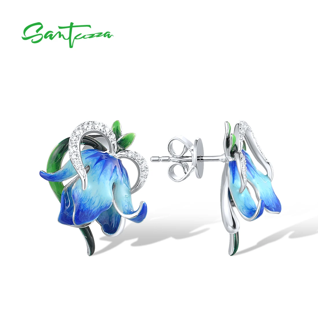 SANTUZZA Pure 925 Sterling Silver Earrings For Women Sparkling White CZ Blue Enamel Stunning Flowers Delicate Party Fine Jewelry