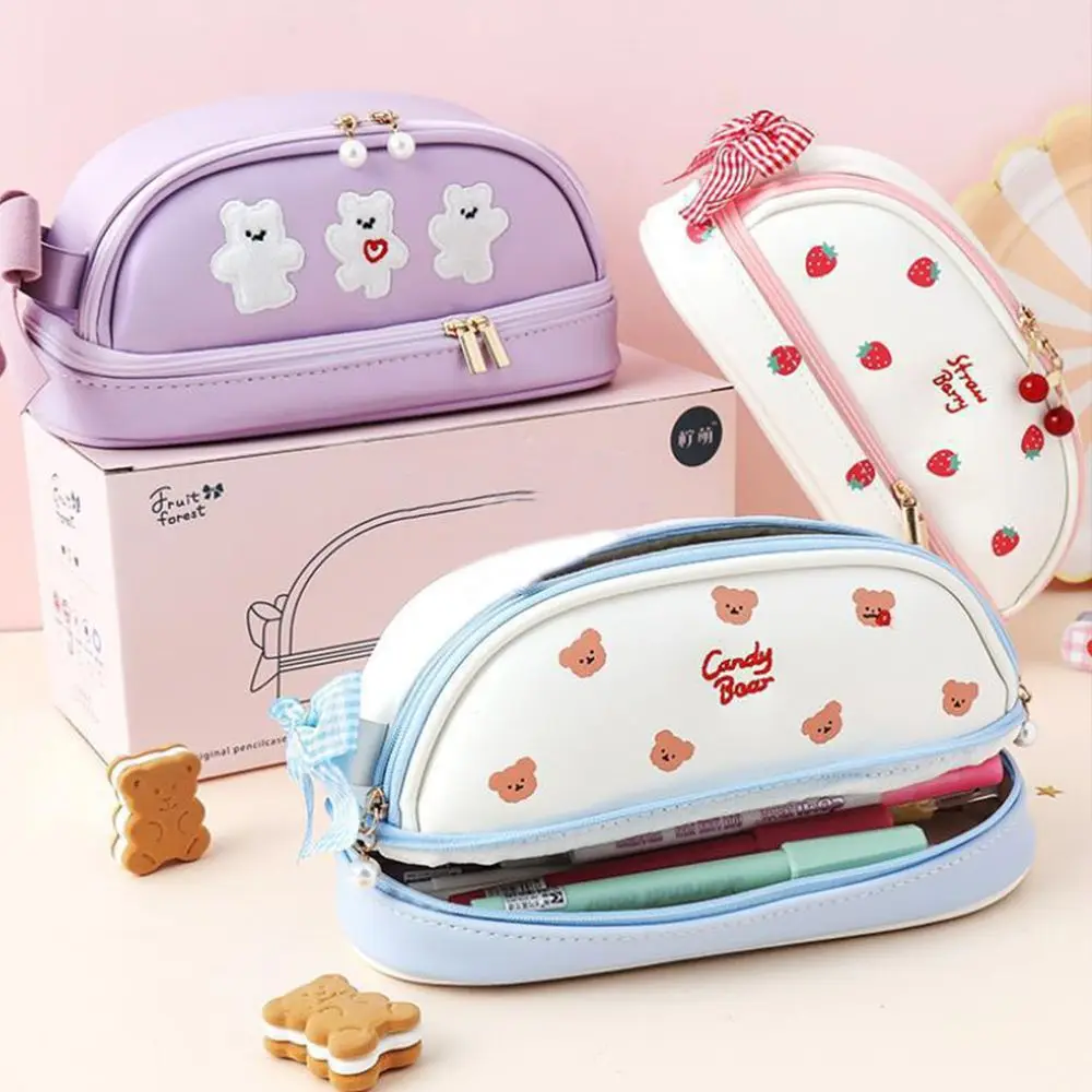 Kawaii PU Strawberry School Supplies Large Capacity Cherry Student Stationery Pencil Bag Pencil Pouch Pencil Cases