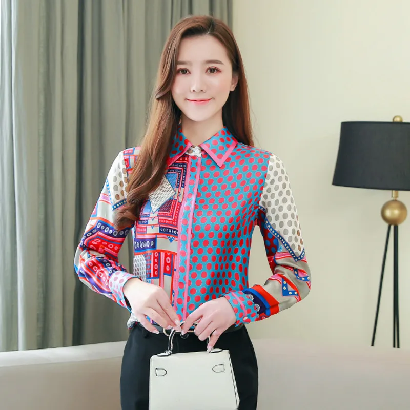 # 3158 Dot bedrukt satijnen overhemd slim fit vintage shirt met lange mouwen dames elegant kantoor dames tops en blouses polokraag lente