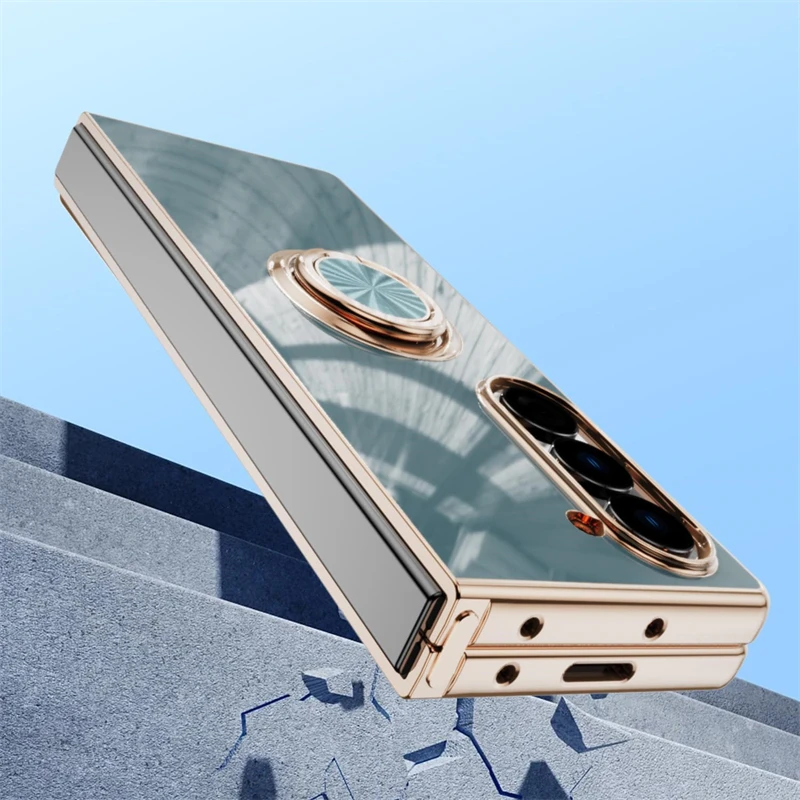 Luxury Plating Silicone Shockproof Bumper Case for Samsung Galaxy Z Fold 7 6 5 4 ZFold Fold6 Fold5 Fold4 Cover with Ring Holder