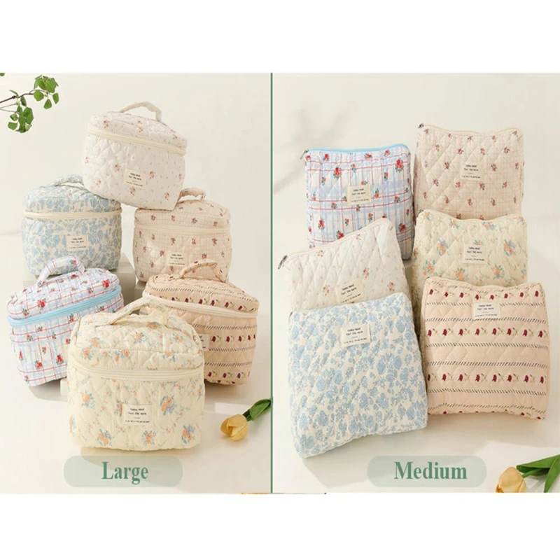 Makeup Cosmetic Bag Large Capacity Makeup Bag 3 Pcs Cotton Quilted Makeup Bag Aesthetic Floral Toiletry Bag For Women I