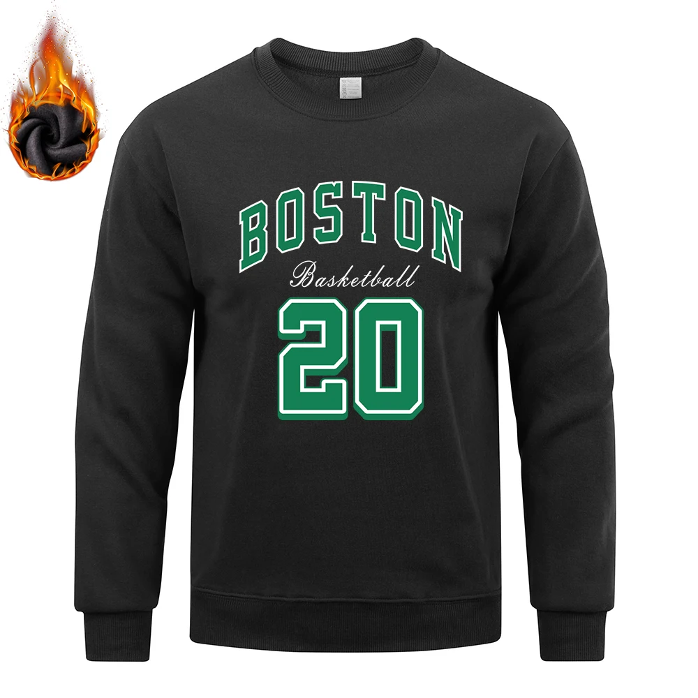 America Boston City Letter Men Sweatshirt Basketball 20 Name Sweatshirts Man Warm Fleece Fur-liner Pullover Casual Clothing