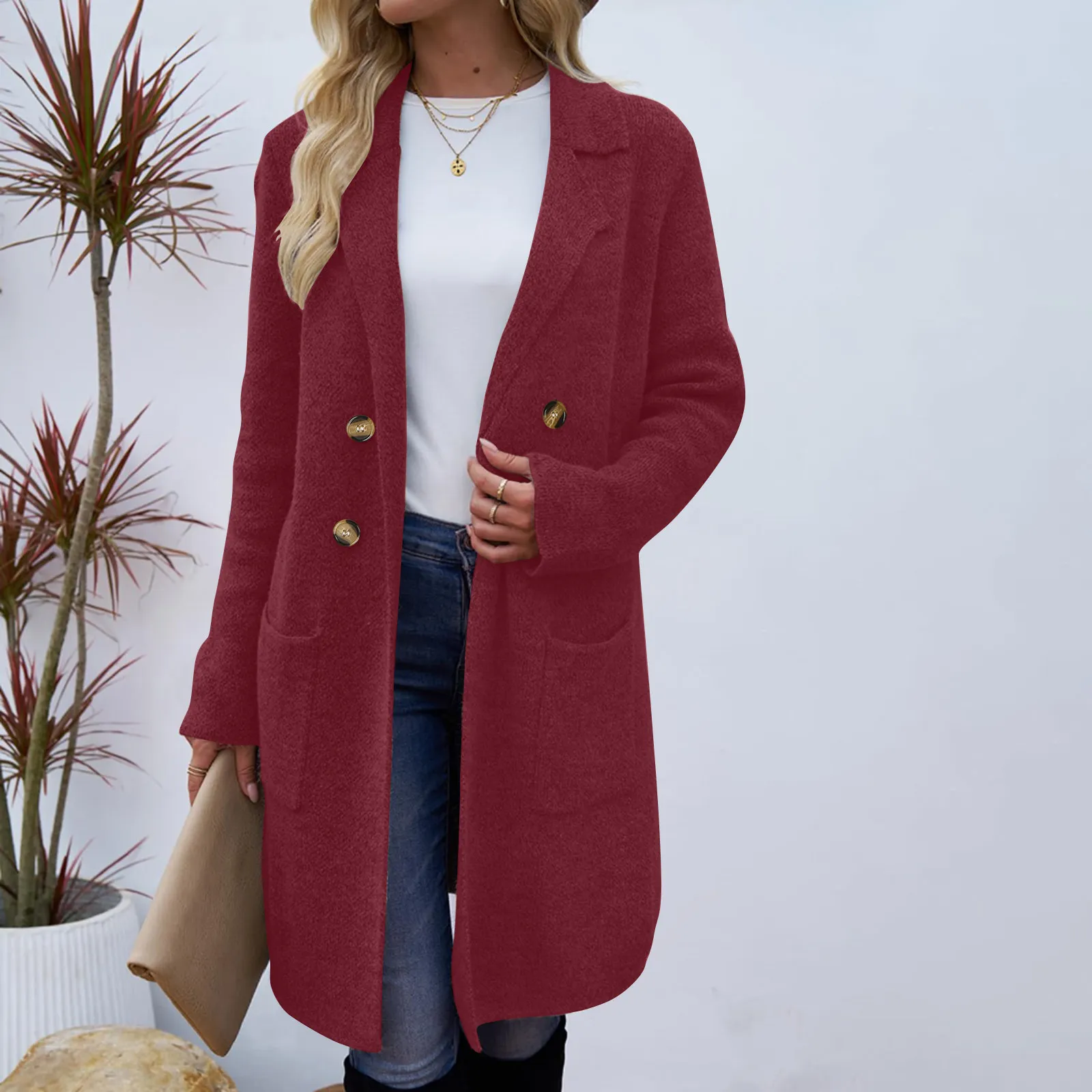 

Women Woolen Jacket Turn-down Collar Pockets Solid Color Overcoat Double-breasted Loose Fit Thermal Outerwear Female Clothes