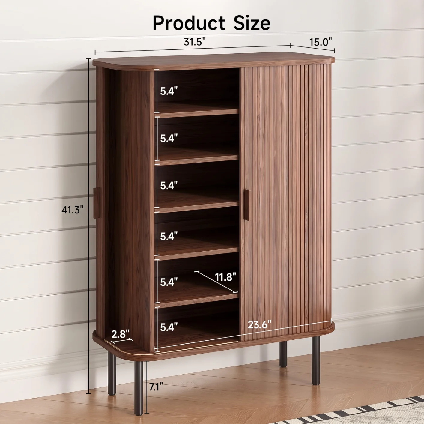 Fluted 6-Tier Shoe Cabinet, Wooden Shoe Storage Cabinet with Sliding Door, Shoe Storage Organizer for Entryway, Hallway