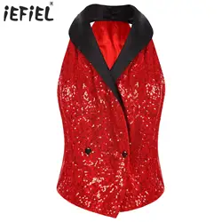 Women Glitter Sparkly Sequin Press Button Blouse Dressy Tops V-neck Lapel Sleeveless Party Banquet Cocktail Party Clubwear