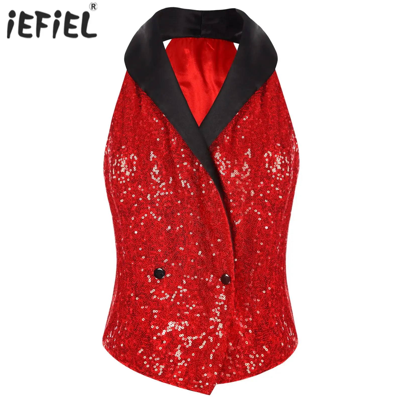 Women Glitter Sparkly Sequin Press Button Blouse Dressy Tops V-neck Lapel Sleeveless Party Banquet Cocktail Party Clubwear