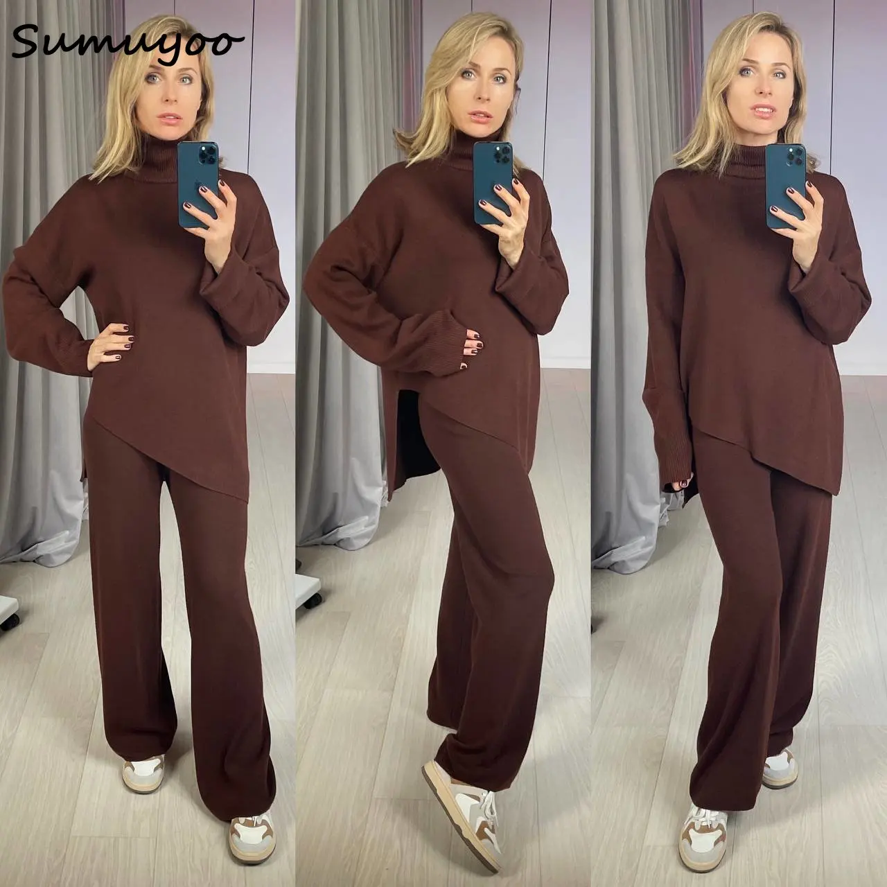 Sumuyoo Knitted Pant Sets Women Irregular Turtleneck Sweater Outfit Autumn Winter 2 Piece Sets High Waist Wide Leg Pant Suit