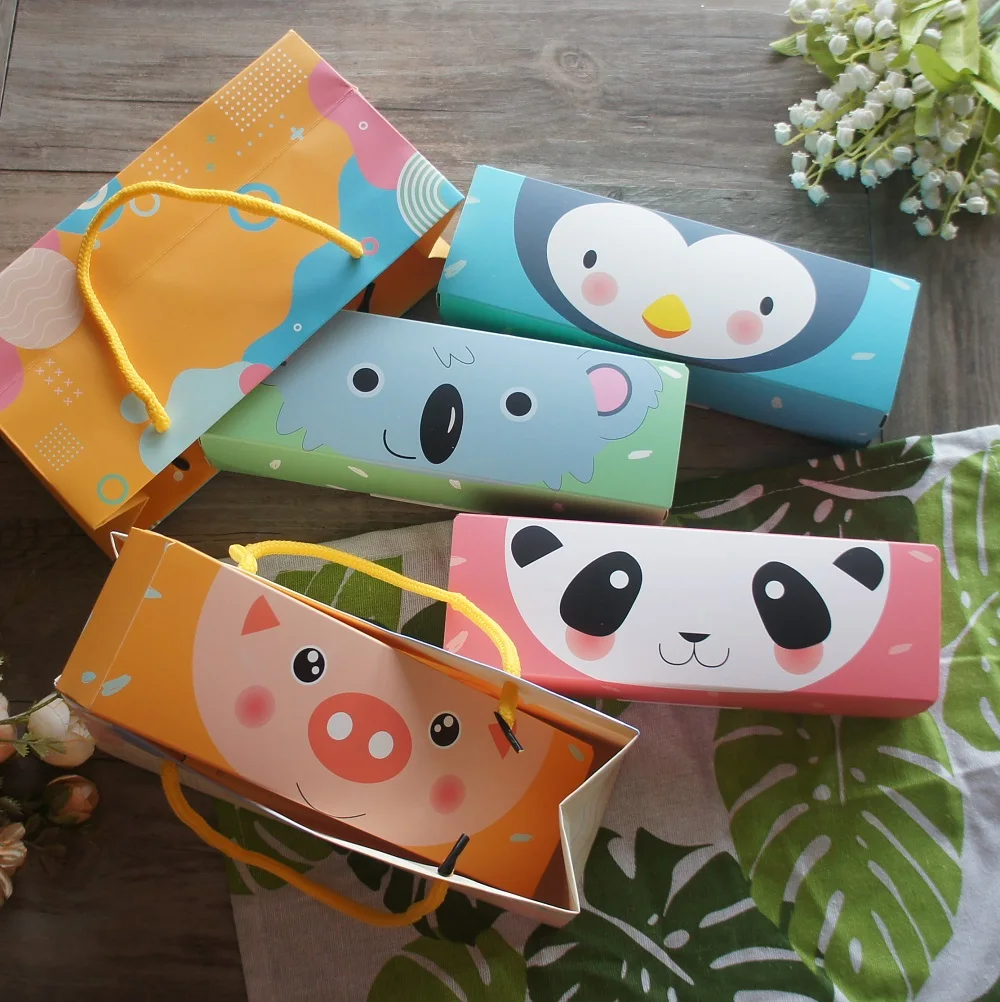 21.5*5*7cm Pink Yellow Panda Bear Cookie 10 Pcs Macaron Candy Paper Box Baby Shower Birthday Wedding Party Gifts Packaging