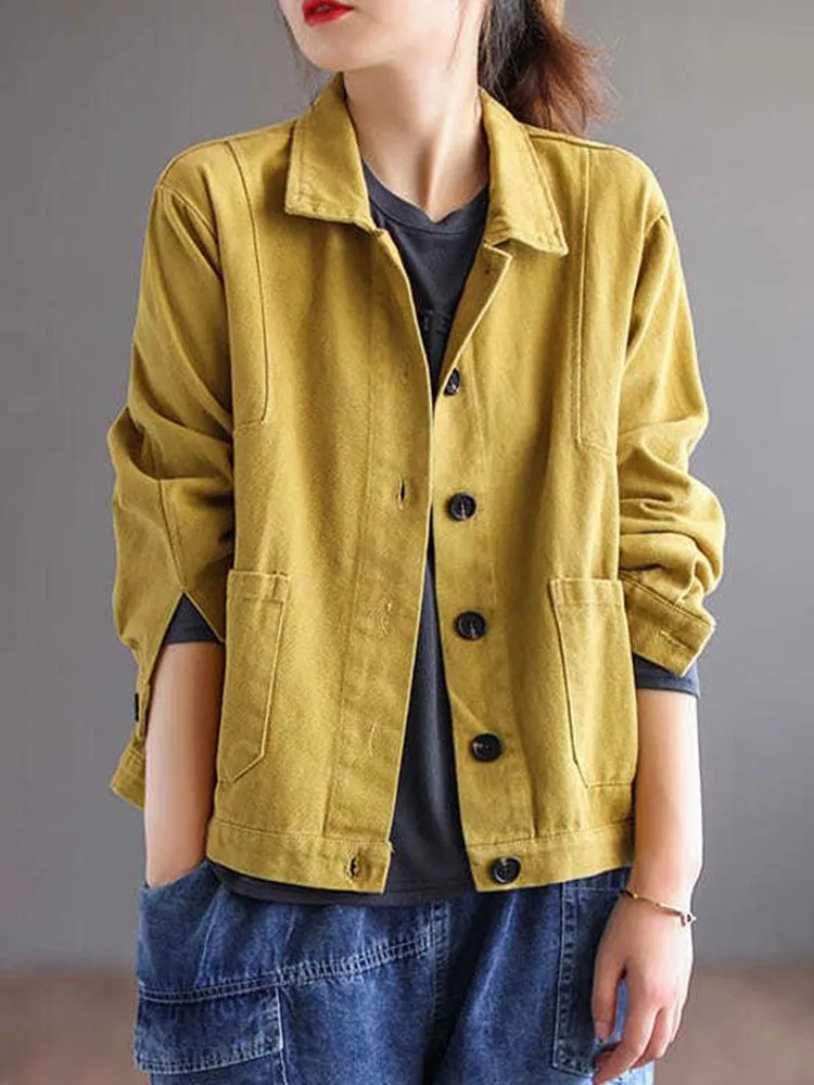 100% Cotton Women Casual Short Jackets New Arrival 2022 Autumn Vintage Style Solid Color All-match Female Outerwear Coats D480