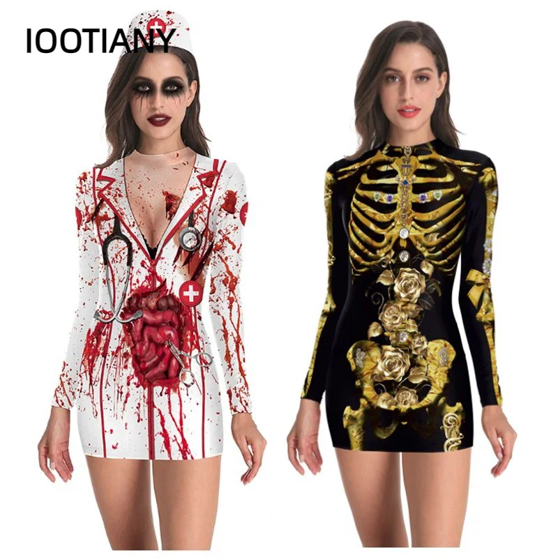 Iwing TIANY-Robe d'Halloween pour Femme, Costumes de Cosplay d'Horreur Effrayants, Infirmière Sanglante, Robe de Zombie, T-shirts