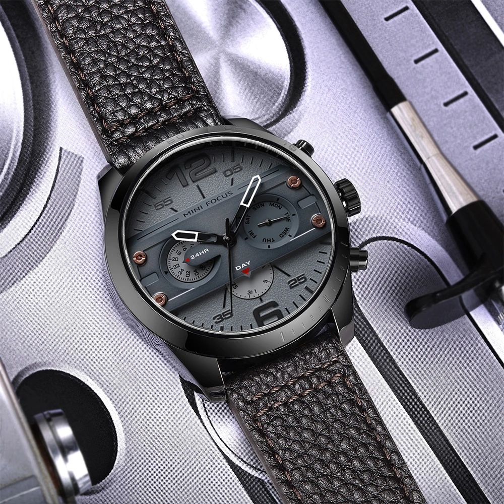 

MINI FOCUS 0068G Original Fashion Men Clock Luminous Waterproof Chronograph Date Watch For Man Luxury Leather Quartz Men's Watch