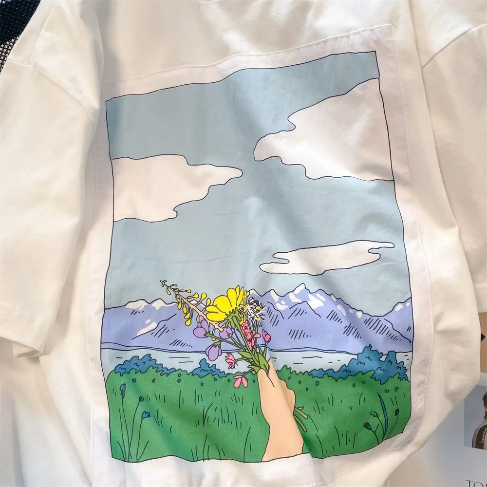 Summer Graphic Printed Women O Neck Short Sleeve T Shirt Spliced Loose Irregular Hit Color Fashion Oversized Couple Cotton Tops
