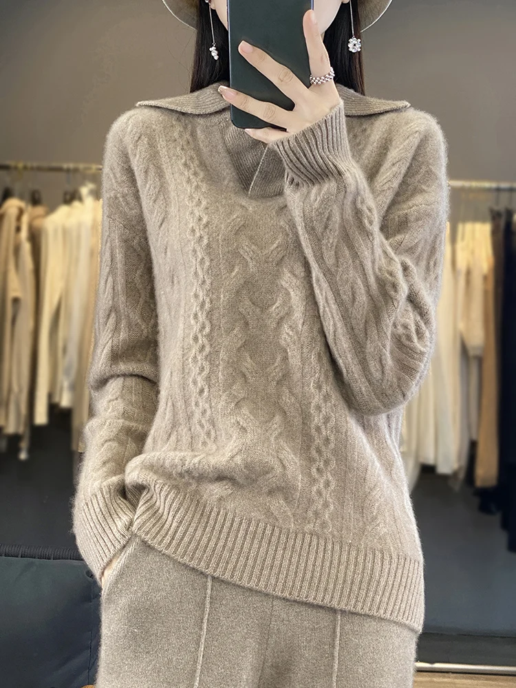 Addonee Women Sweater Autumn Winter Twist Flower Turn Down Collar Pullover 100% Merino Wool Thick Female Cashmere Knitwear Tops