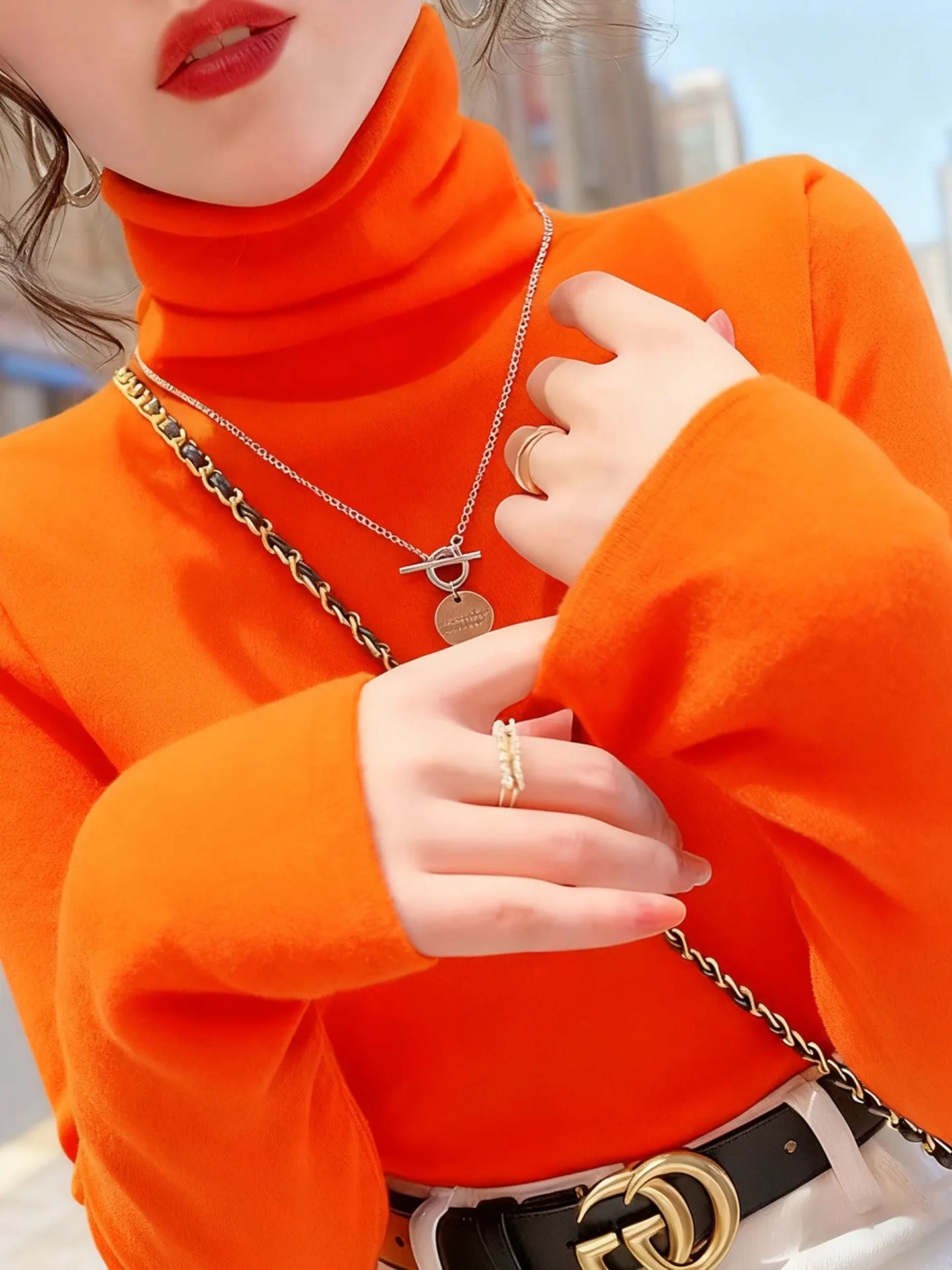 

Orange High Collar Knitted Fleece Lined Thick Warm Long Sleeve Women's Base Shirt Autumn Winter New Style Inner Wear Top