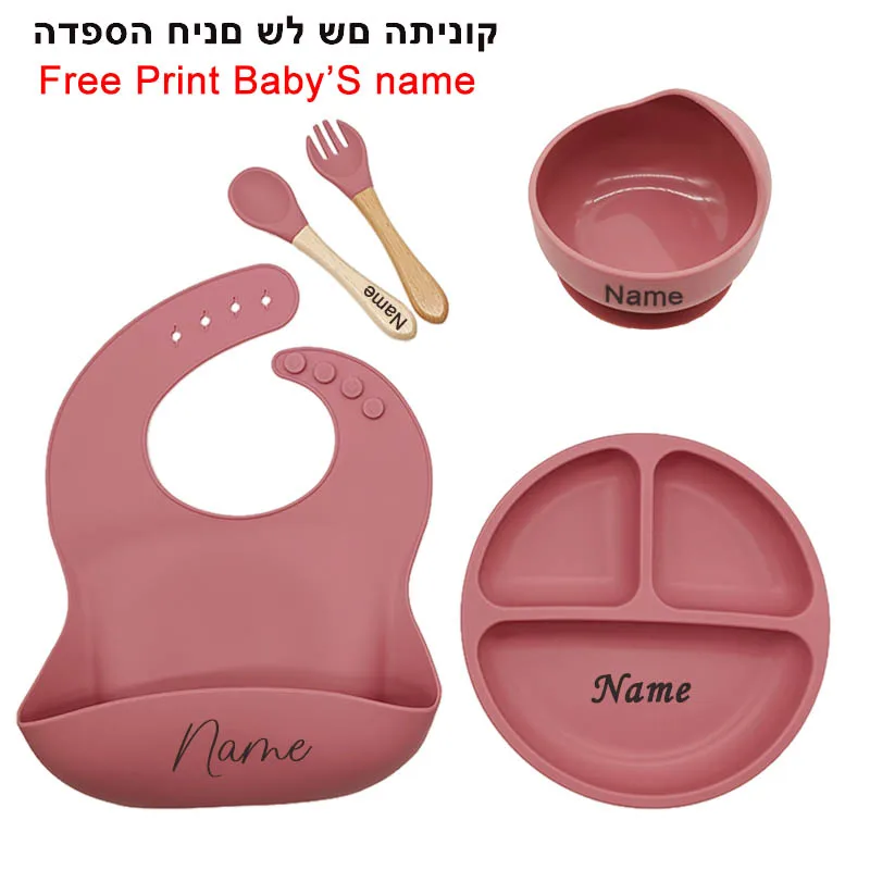 5Pcs/set Silicone Tableware Sets Baby Feeding Plate Suction Bowl Dishes For Kids Spoon Personalized Name Children Dinner Plate