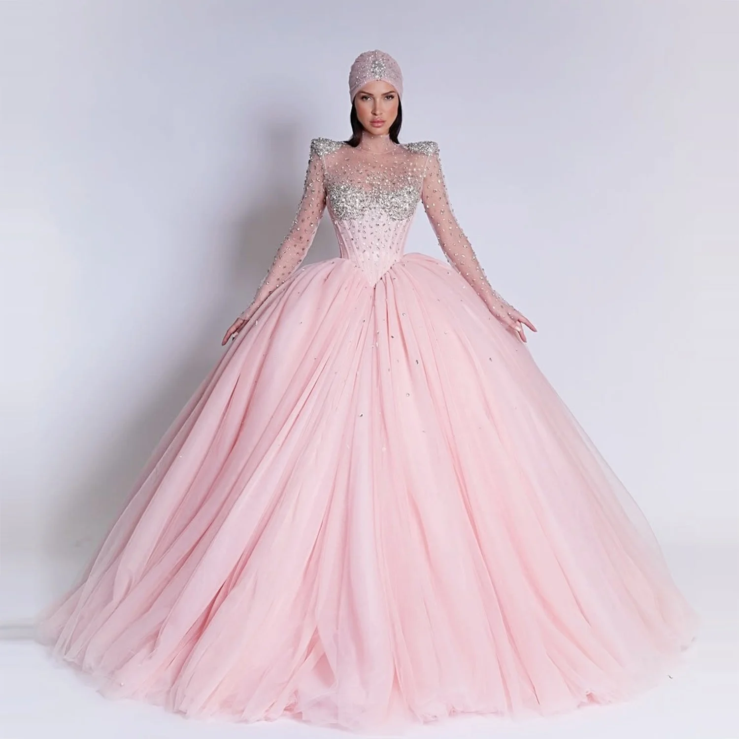 

Удивительное блестящее платье для выпускного вечера с прозрачным вырезом и длинными рукавами, тюлевое вечернее платье трапециевидной формы, женское свадебное платье, халат