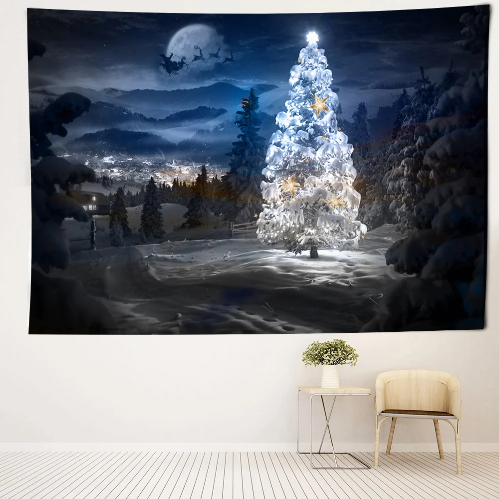 Crystal Christmas Tree Tapestry Xmas Art Wall Hanging Tapestry Christmas Lighthouse Snowflake Home Room Decoration Gift