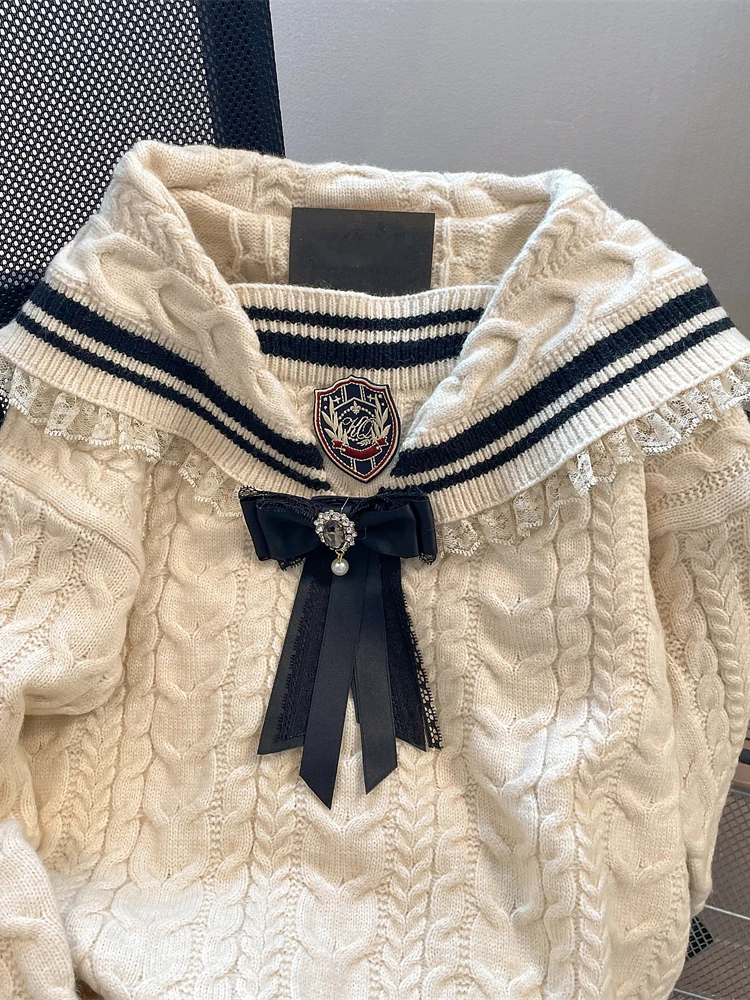 Women\'s Preppy Style Pullover Sweater Harajuku Y2k Long Sleeve Sailor Collar Knitted Sweaters Vintage 2000s Clothes Autumn 2024