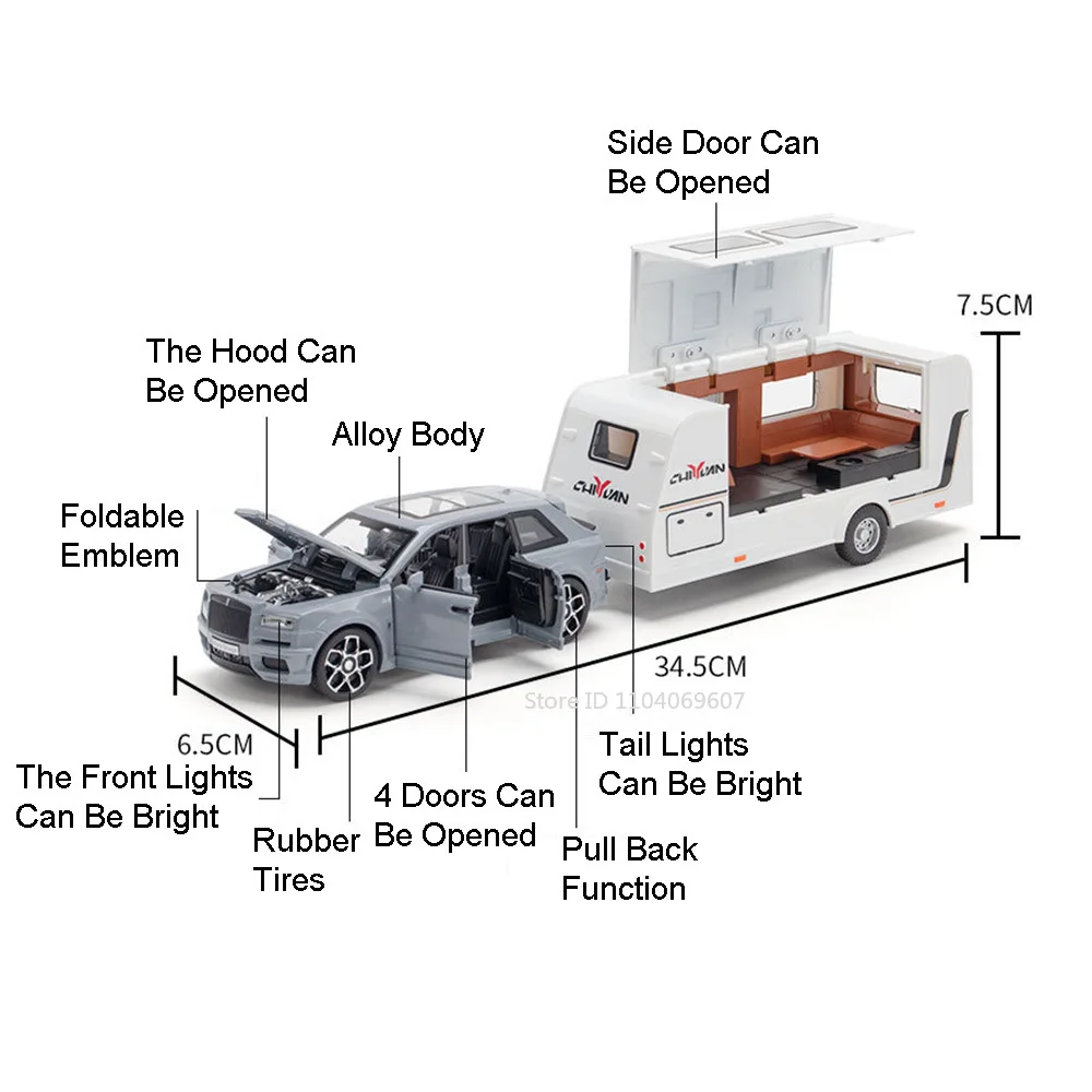 1:32 Scale Rolls Royce Cullinan RV Car Models Alloy Diecast Toys Pull Back 6 Doors Opened Camping Vehicle Toy for Kids Presents