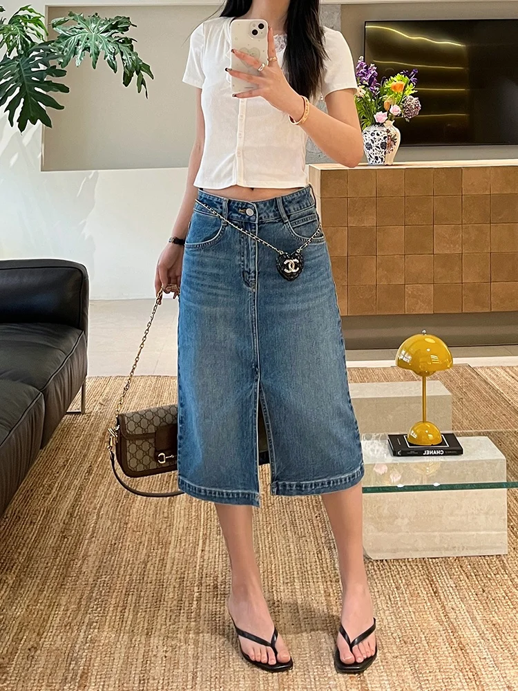 

Джинсовая юбка миди А-силуэта с высокой талией для женщин, синяя, утягивающая, с разрезом, в корейском стиле, без хлопка