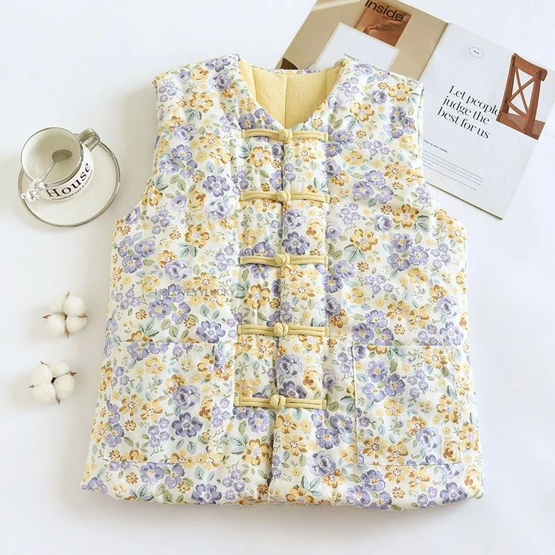 Chinese Trendy Retro Embroidery Qipao Vest Winter New Cotton Padded Thicken Tang Suit Vest Elegant Temperament Warm Vest