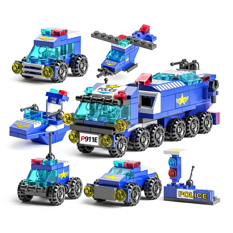 Police Truck City Fire Car Engineering Crane Tank Helicopter Bricks Set Toys for Children Kids 6IN1 Building Blocks