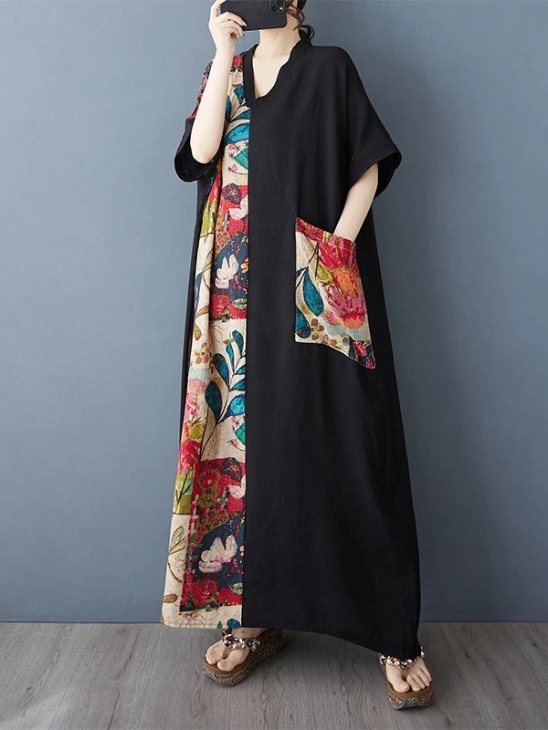 Letnia sukienka plus size z dekoltem w serek, z nadrukiem, z bawełny i lnu, wyszczuplająca, z długim rękawem, damska, modna, wygodna, w kształcie litery A.