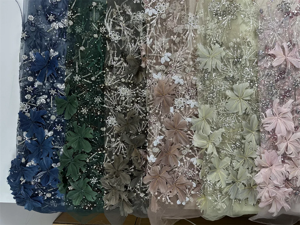 Новейшая модная африканская роскошная 3D кружевная ткань с перьями и бисером, 2025, высокое качество, французская нигерийская кружевная ткань с блестками, вечернее платье
