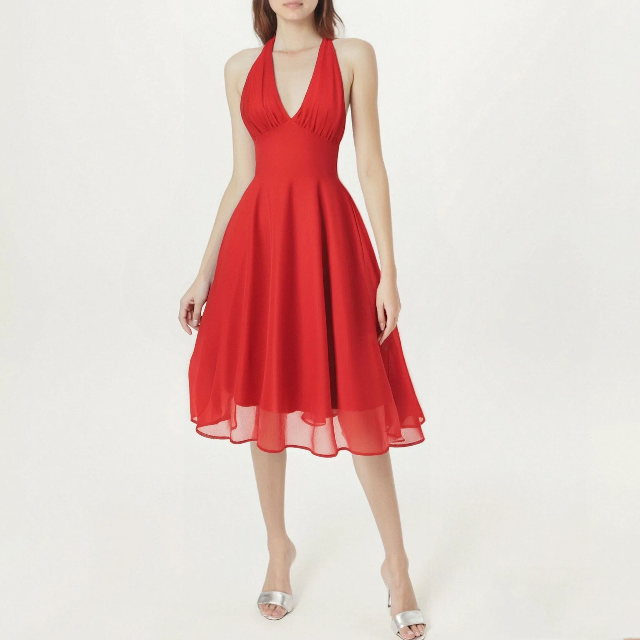 2025 Elegant Sexy Vintage Red Halter Women Dress High Waist Evening Party Prom Clothes Backless Fit and Flare Birthday Dresses