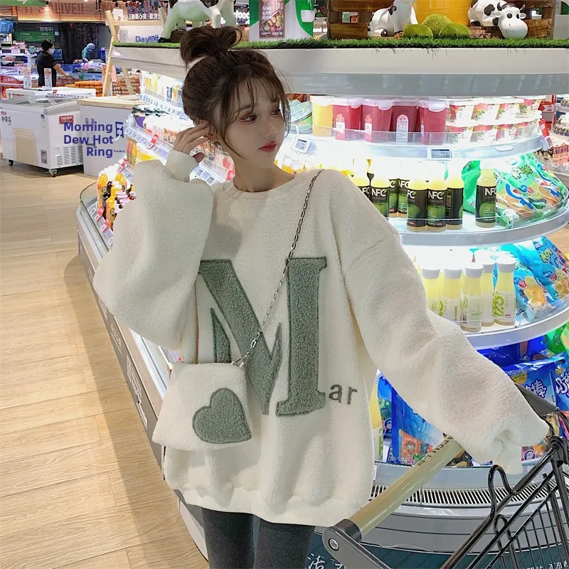 2026 Autumn Winter Women's Oversize Sweatshirt Thickened Fleece Lamb Fur Long Sleeve round Neck Commute Style Korean Version