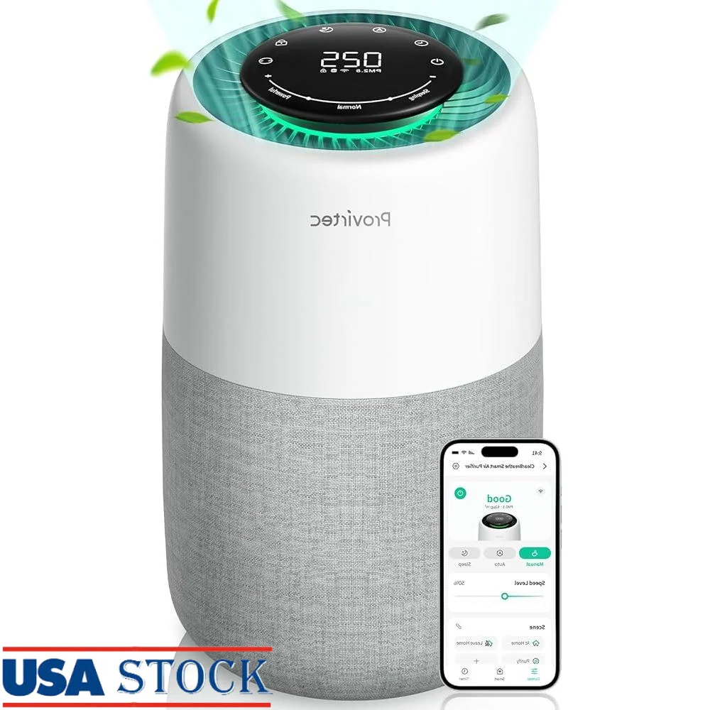 Purificador de aire HEPA para dormitorio, Monitor PM2.5, filtración de 5 etapas, purificadores silenciosos inteligentes, mascotas, seguridad para bebés y niños, calidad del aire