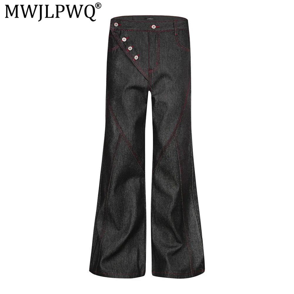 MWJLPWQ Men's Trendy Denim Flared Pants Buttoned Slanted Placket Deconstructed Design Stitching Loose Trousers 2026 Autumn 21421