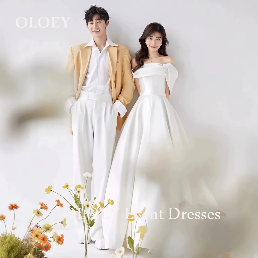 

OLOEY Elegant A Line Wedding Dress Korea Photo Shoot Off Shoulder Pleats Bridal Gown Short Sleeves Corset Back Customized