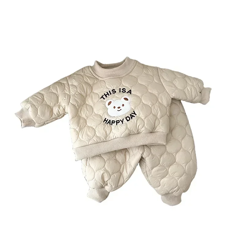 Winter Baby Clothes Set 2pcs Korean Style Cartoon Bear Plush Thick Baby Boy Girls Clothing Long-sleeved Cotton Casual Costume