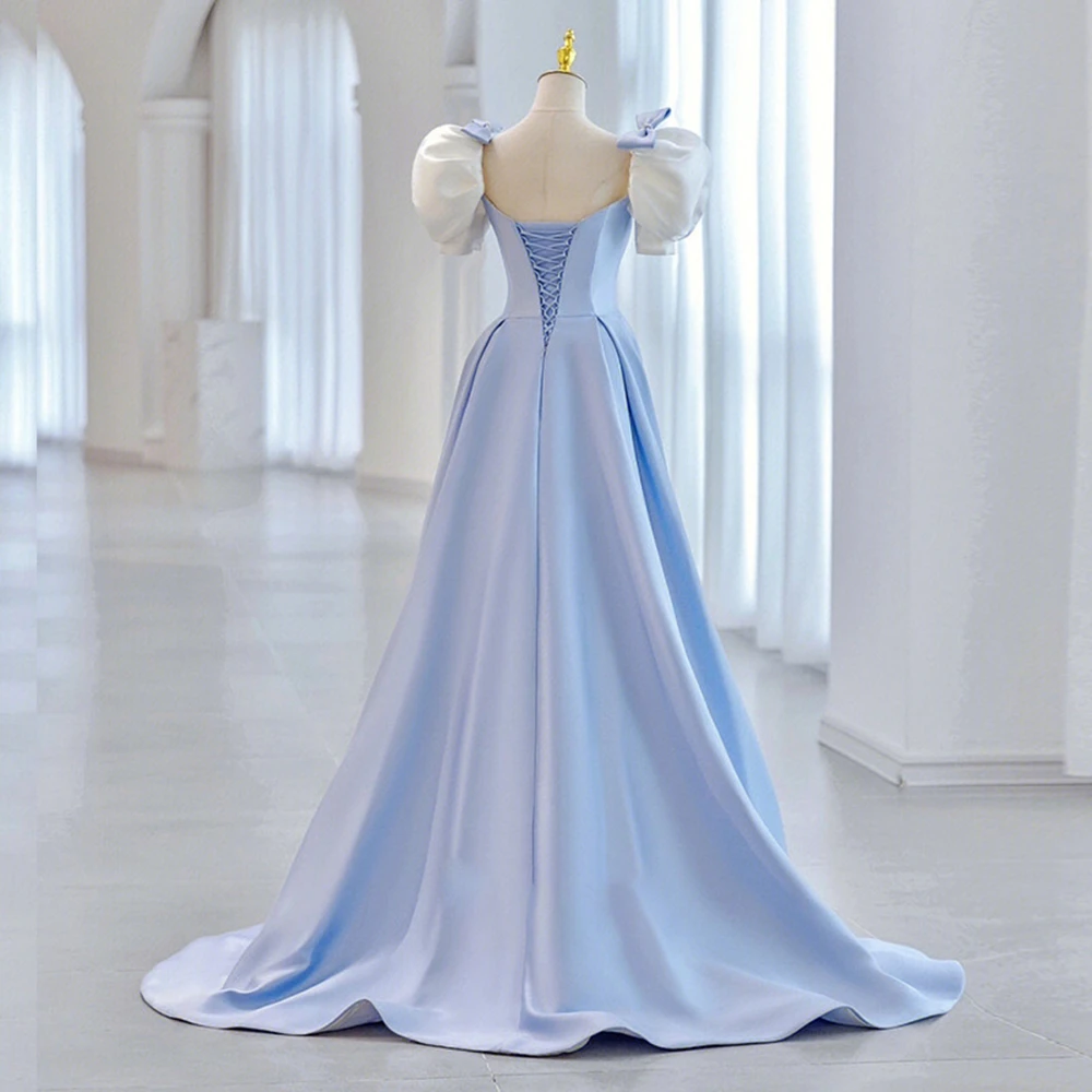 Floor-Length Satin Prom Dress with Sexy A-Line Silhouette and Bubble Sleeves for Women Customized