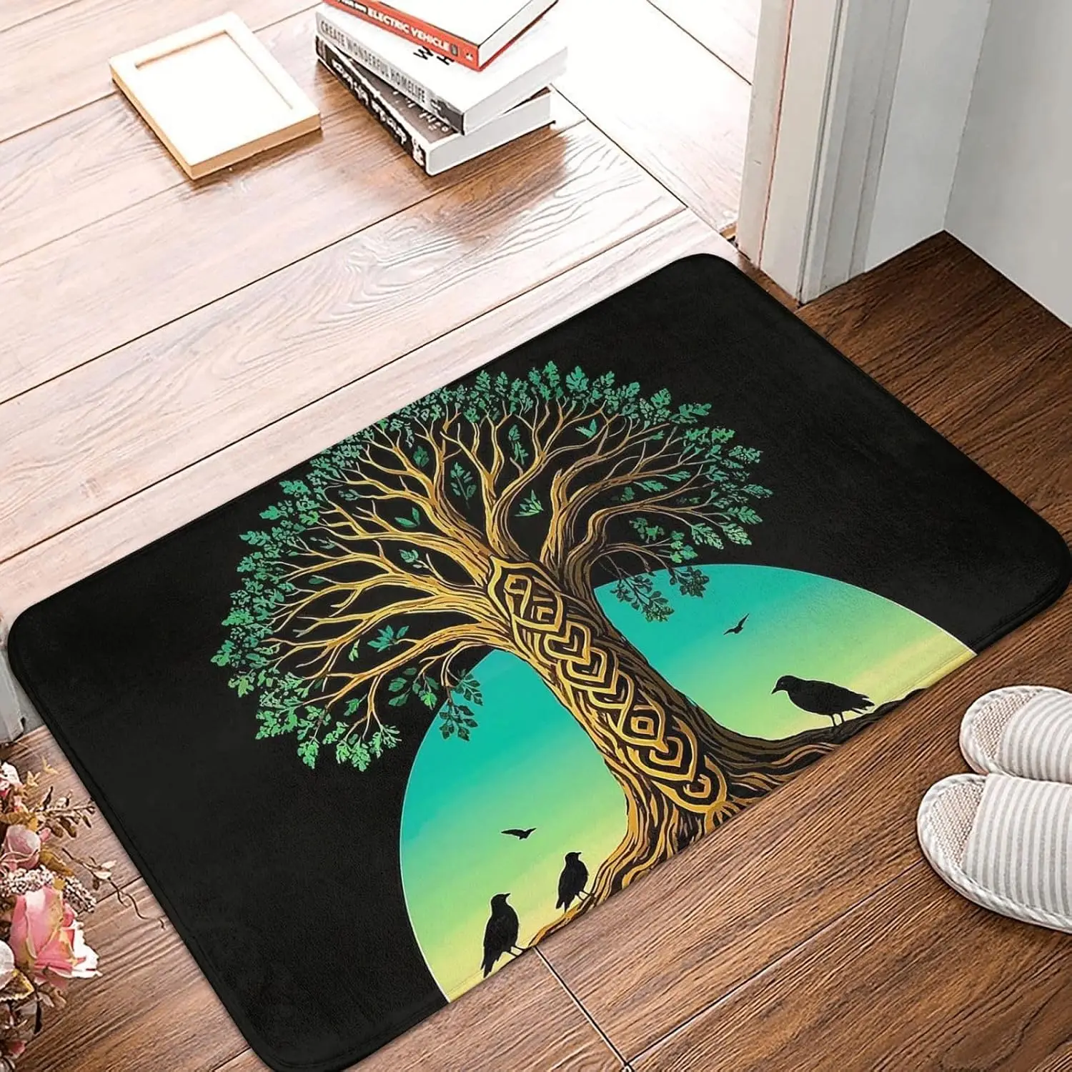 Celtic Tree of Life Door Mat, Fantasy Forest Floor Mat with Ravens, Non-slip Entrance Rug, Mystical Home Decor for Hallway