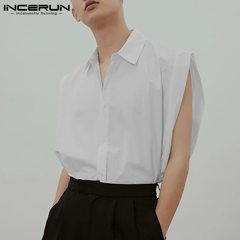 INCERUN Men Shirt Lapel Sleeveless Button Solid Color Loose 2024 Camisas Streetwear Breathable Fashion Casual Men Vests S-5XL